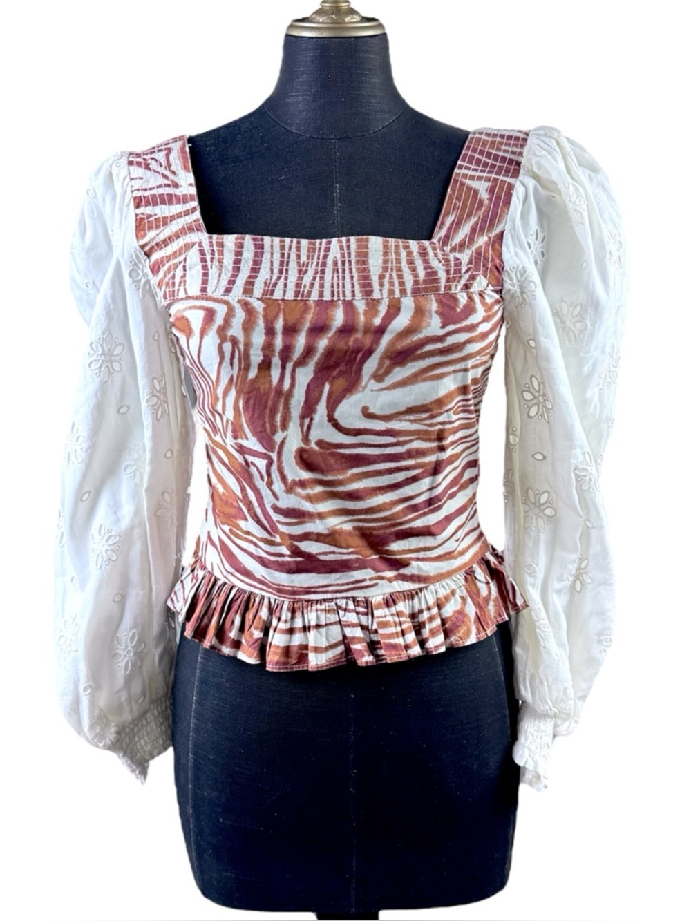 Love The Label Anthropologie Top Smocked Blouse Long Sleeve Eyelet Orange White